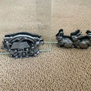 Style of Arthur Court, 2 pewter & beveled glass: Bunnies & The Ark photo frames.